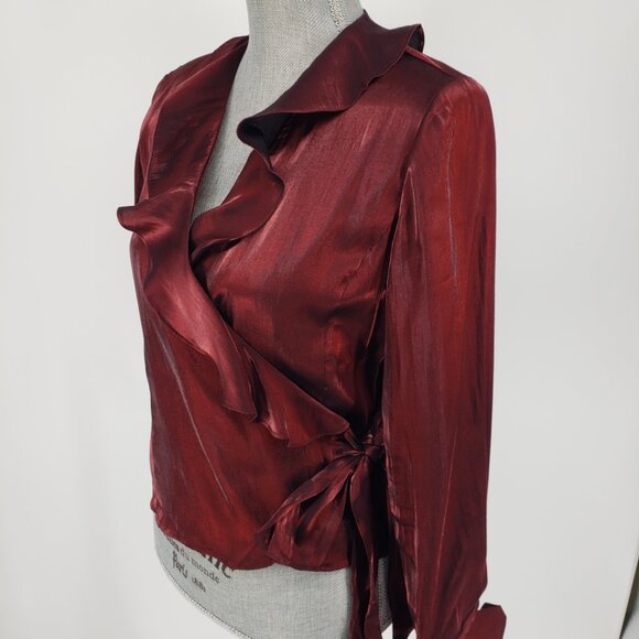 Xscape Wrap Blouse Top 10 Ruffle Trim Long Sleeve Iridescent Maroon Red Holiday - Picture 4 of 9
